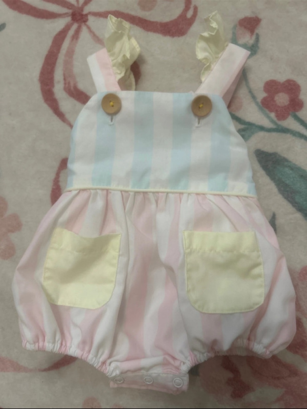 Pastel Stripe Pink & Blue Baby Bubble Romper with Yellow Pockets
